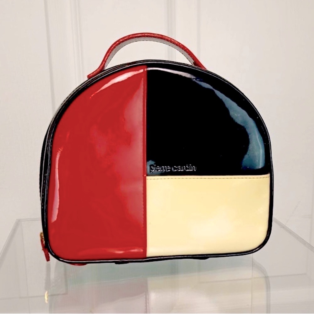 Pierre Cardin circa 1970S vanity patent leather bag in navy, off white, and red